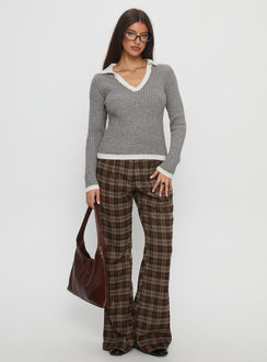 side view of model wearing Princess Polly Emiroki Straight Leg Pants Brown Check Mid Rise Pants Pants 