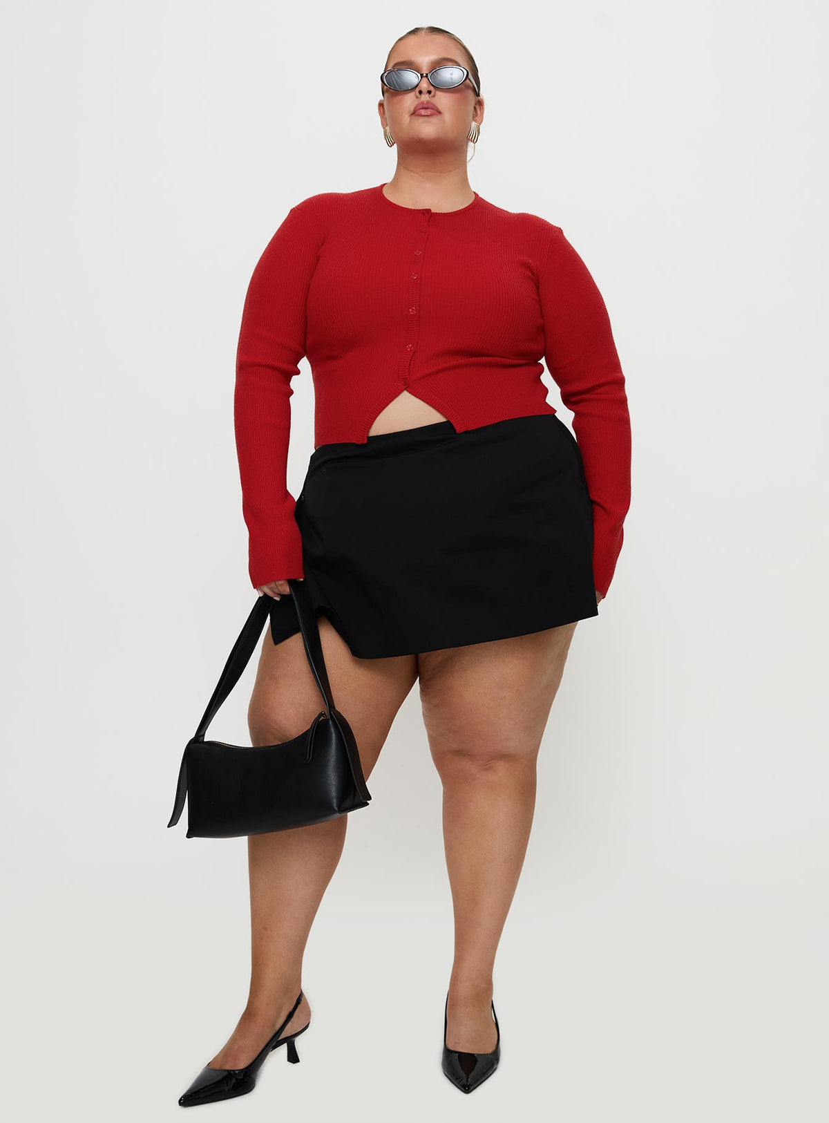 front view of model wearing Princess Polly Suzu Long Sleeve Top Red Curve Full Sleeves Crew Neck 