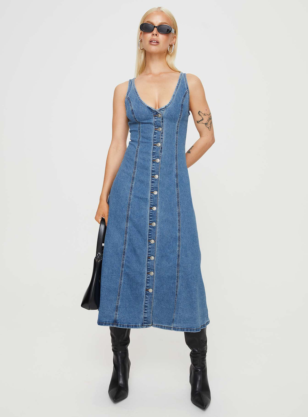 product Princess Polly V-Neck  Midler Denim Midi Dress Mid Blue