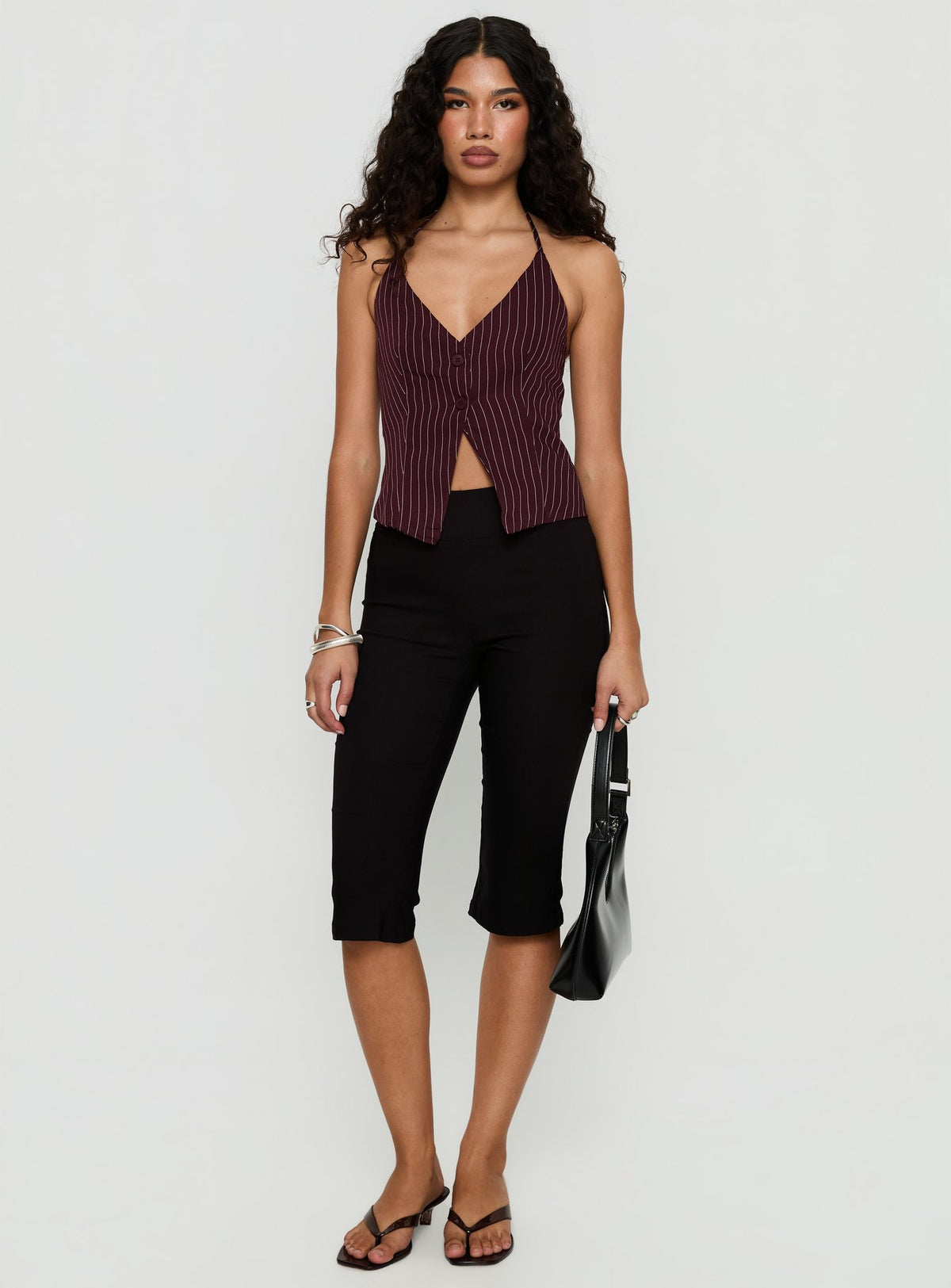 No Sleep Halter Top Burgundy Pinstripe