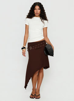 back view of model wearing Princess Polly Lorensa Double Buckle Asymmetrical Midi Skirt Brown Midi Skirts Skirts 