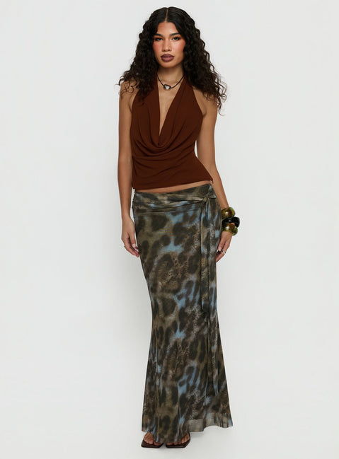   side view of model wearing Princess Polly Caviar Tie Maxi Skirt Leopard Skirts 