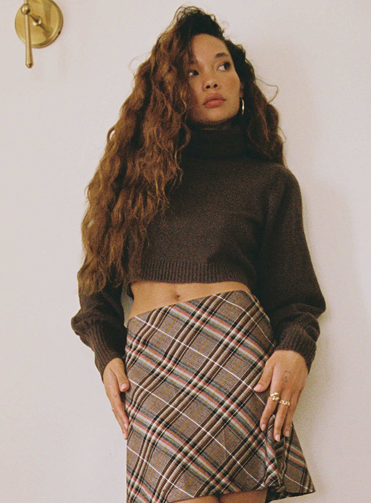 side view of model wearing Princess Polly Zahara Cropped Turtleneck Sweater Brown Cropped Jumpers Jumpers 
