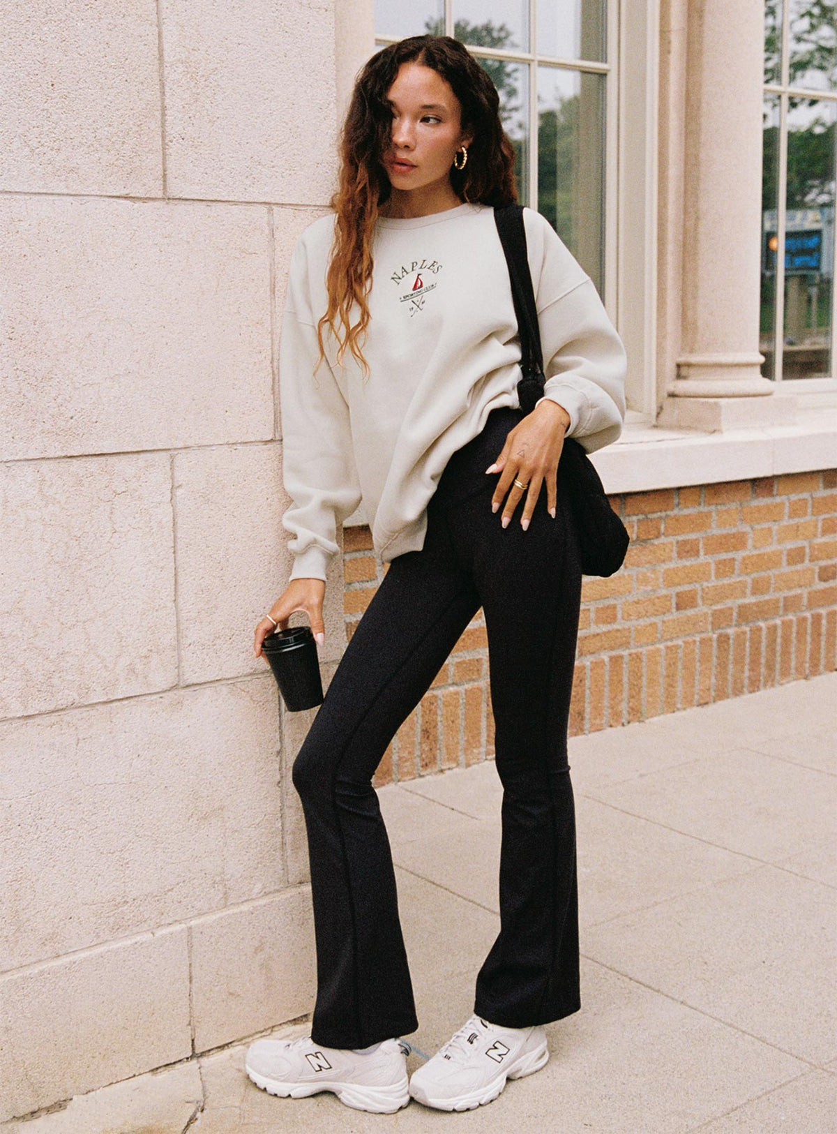 side view of model wearing Princess Polly Dream Fleece Classic Crewneck Sweater Beige Jumpers 