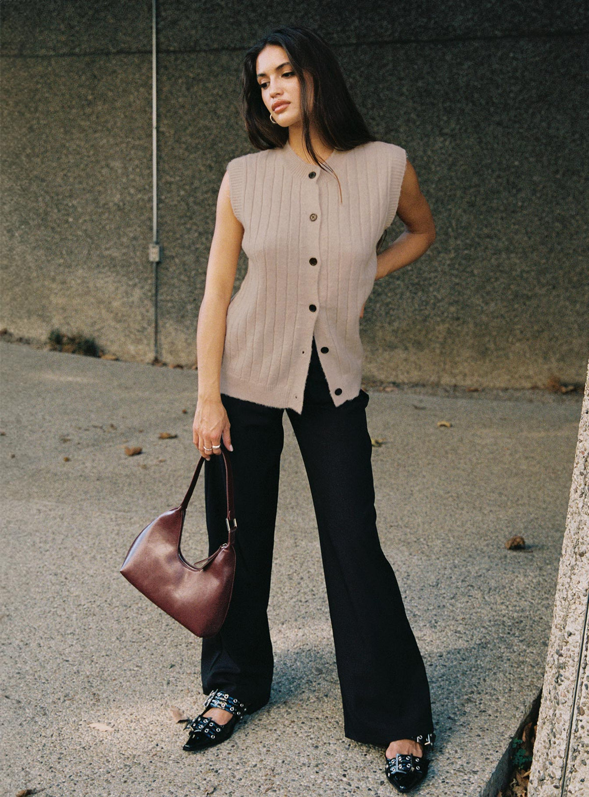 front view of model wearing Princess Polly Brookvale Button Up Knit Vest Beige Longline Jumpers Jumpers 