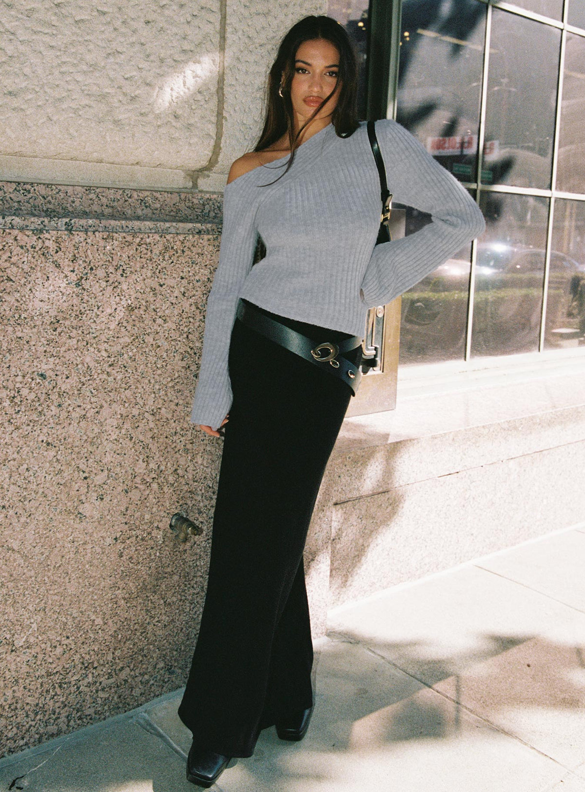 front view of model wearing Princess Polly Phillips Cold Shoulder Sweater Grey Cropped Jumpers Jumpers 