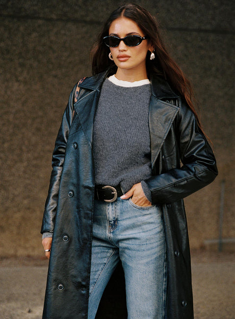 side view of model wearing Princess Polly Abrams Rib Knit Crew Sweater Charcoal Marle regular Jumpers 