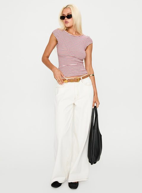 front view of model wearing Princess Polly Drives Me Crazy Backless Top Red Stripe Sleeveless Boat Neck 