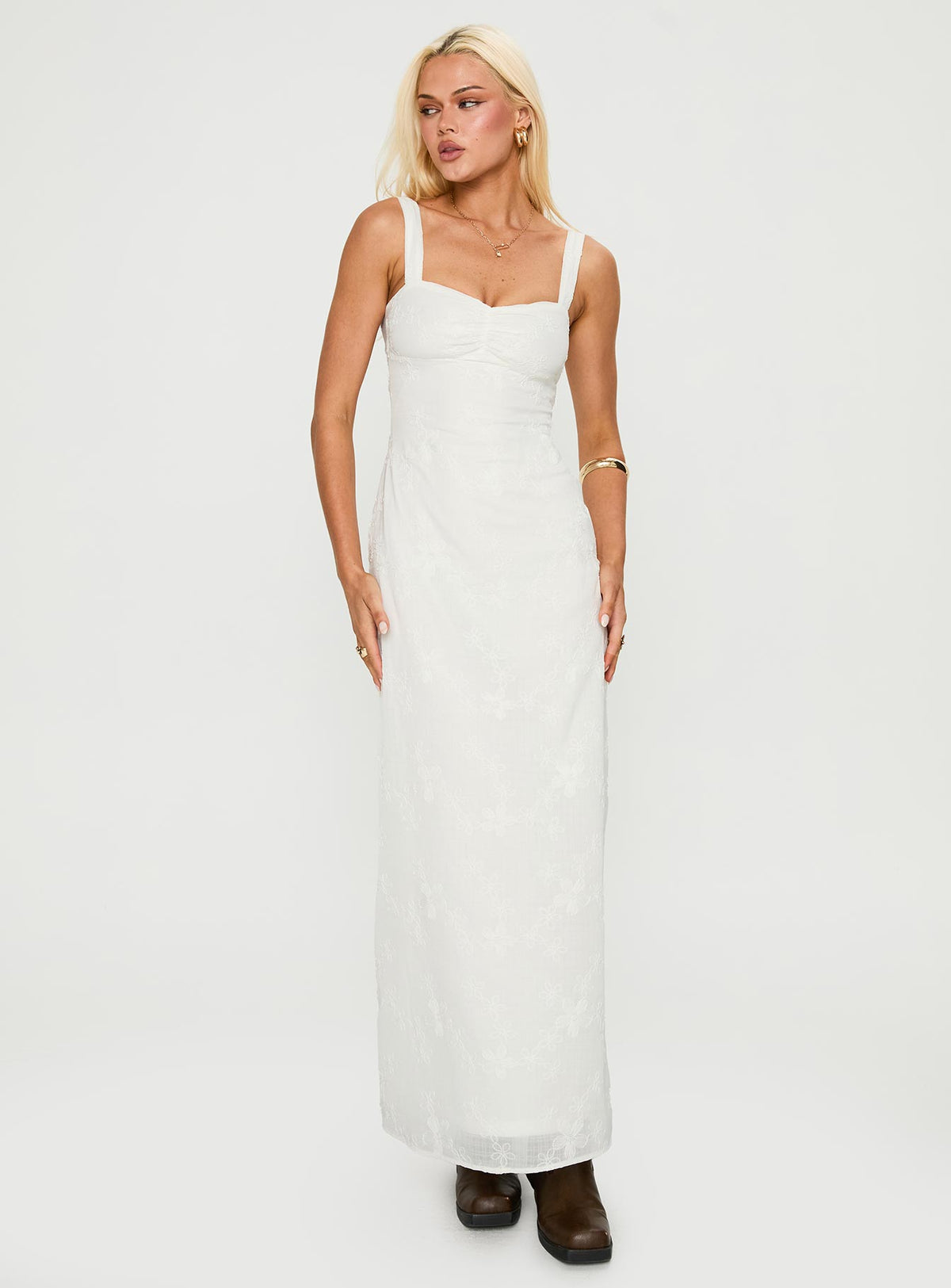 side view of model wearing Princess Polly Maisone Broderie Maxi Dress White Sweetheart Neckline 