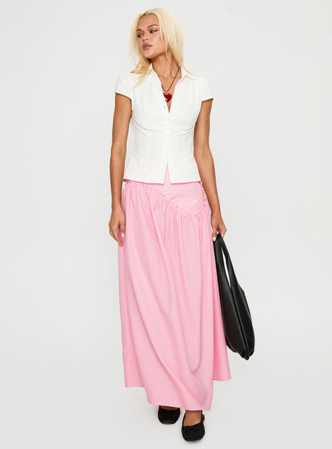   side view of model wearing Princess Polly Apresia Maxi Skirt Pink Gingham Maxi Skirts Skirts 