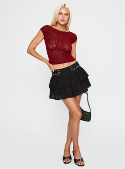 front view of model wearing Princess Polly Nova Top Maroon Short Sleeves Scoop Neck 