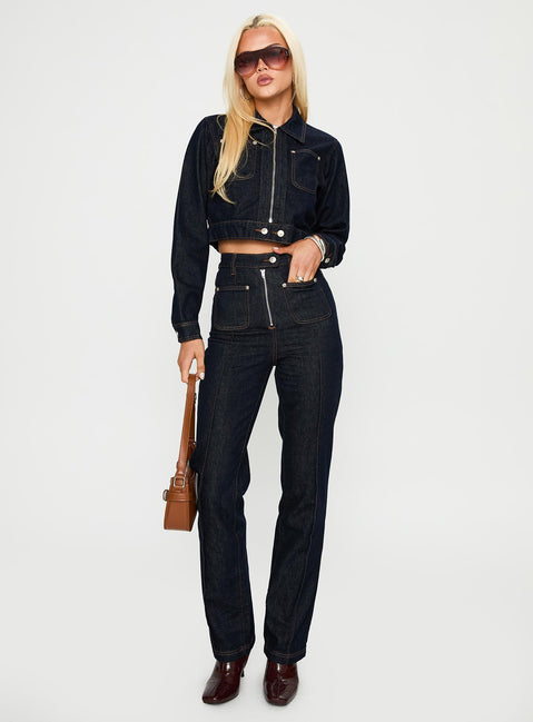 back view of model wearing Princess Polly Stallion Straight Leg Jeans Indigo High Waisted 
