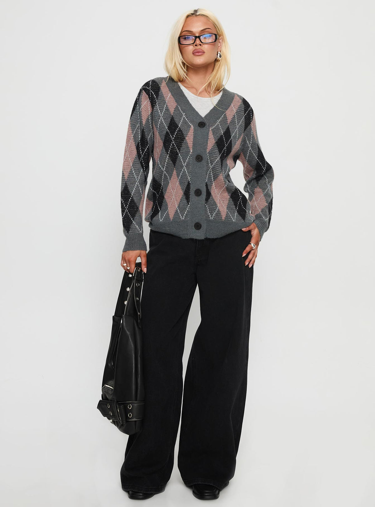 front view of model wearing Princess Polly Zeeva Button Through Knit Cardigan Grey Argyle Longline Jumpers Jumpers 