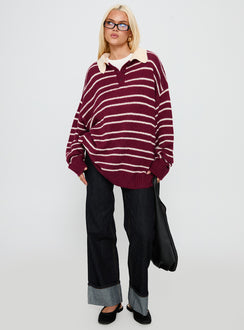 Designed with Rising Sun Jersey Crimson womens jumpers featuring long oversized striped v-neck and collar detail product Princess Polly