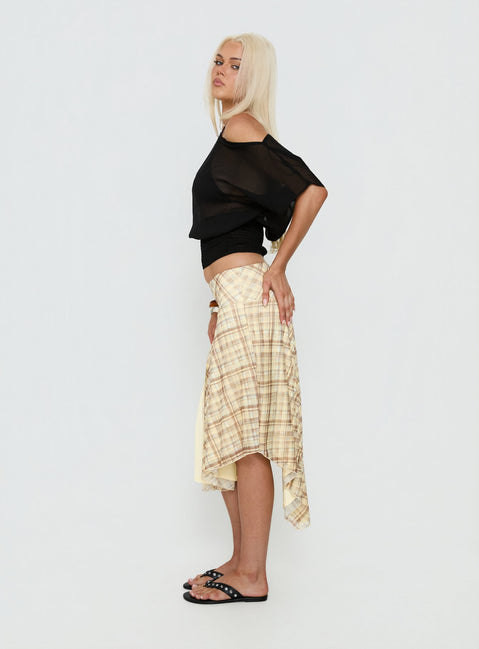   side view of model wearing Princess Polly Dulciana High Split Asymmetrical Midi Skirt Multi Check Midi Skirts Skirts 