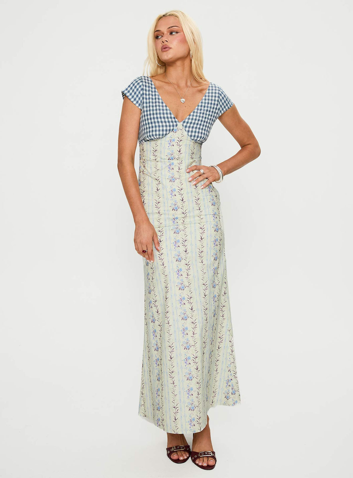front view of model wearing Princess Polly Saije Maxi Dress Multi Floral V-Neck 