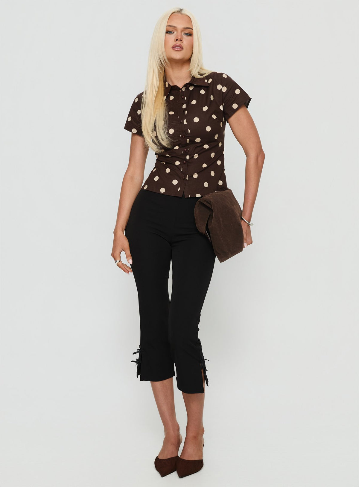 Lift Off Button Up Top Choc / Lemon Polka