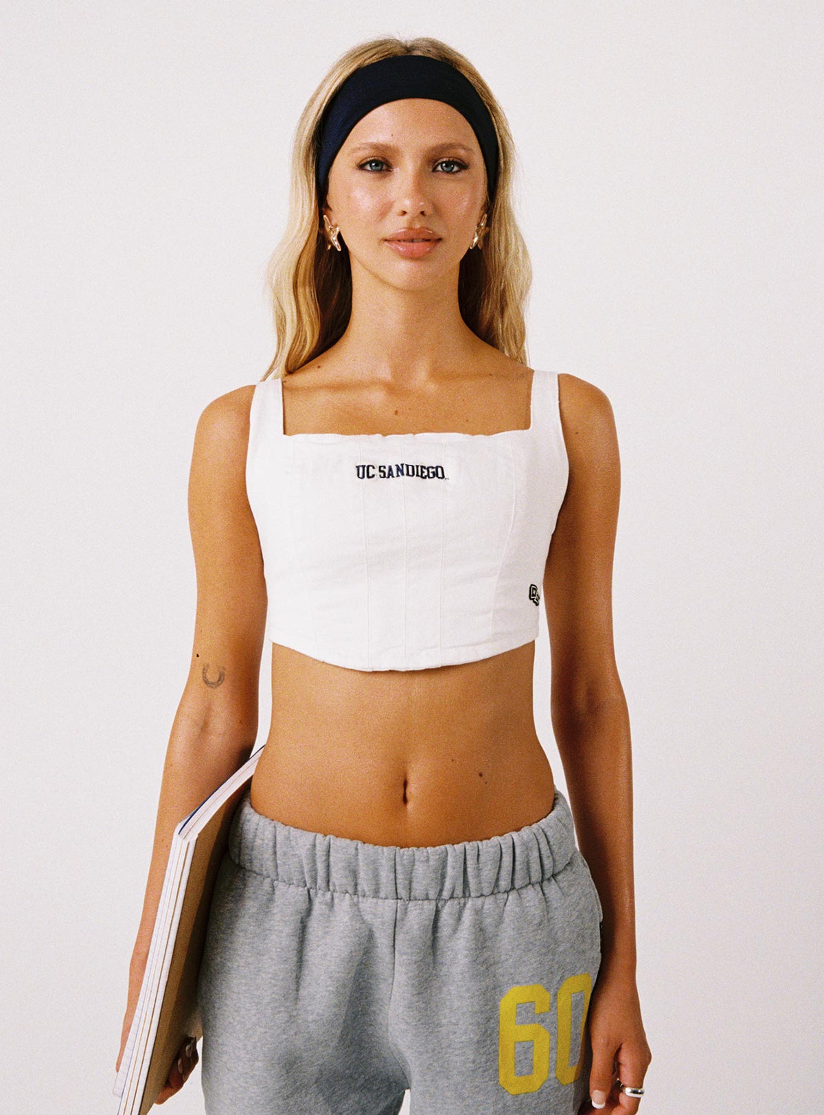 front view of model wearing Princess Polly UCSD Denim Corset Top White Sleeveless Square Neck 