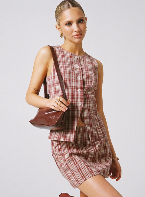   side view of model wearing Princess Polly Theodosia Mini Skirt Red Check Mini Skirts Skirts 