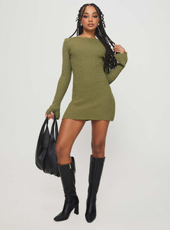 front view of model wearing Princess Polly Osment Long Sleeve Knit Mini Dress Olive Boat Neck 
