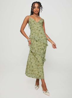 side view of model wearing Princess Polly Teffoli Maxi Dress Green Plunger 