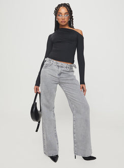 front view of model wearing Princess Polly Lasharie Long Sleeve Top Black Full Sleeves Asymmetric Neckline 
