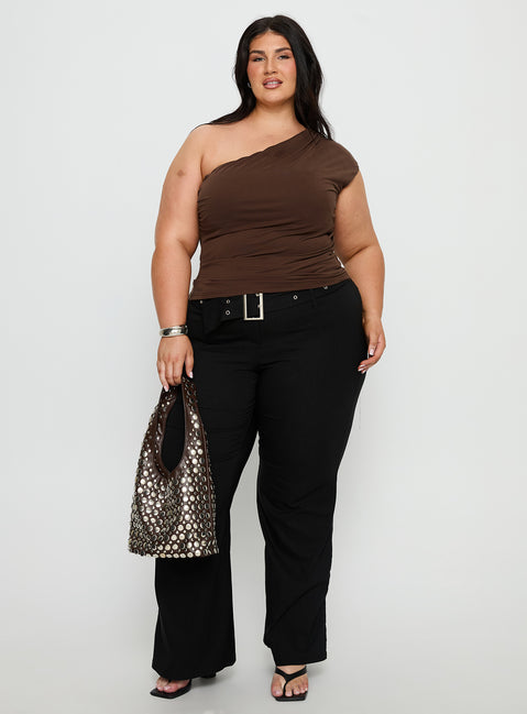 side view of model wearing Princess Polly Kortnee Eyelet Detail Flare Leg Pants Black Curve Mid Rise Pants Pants 