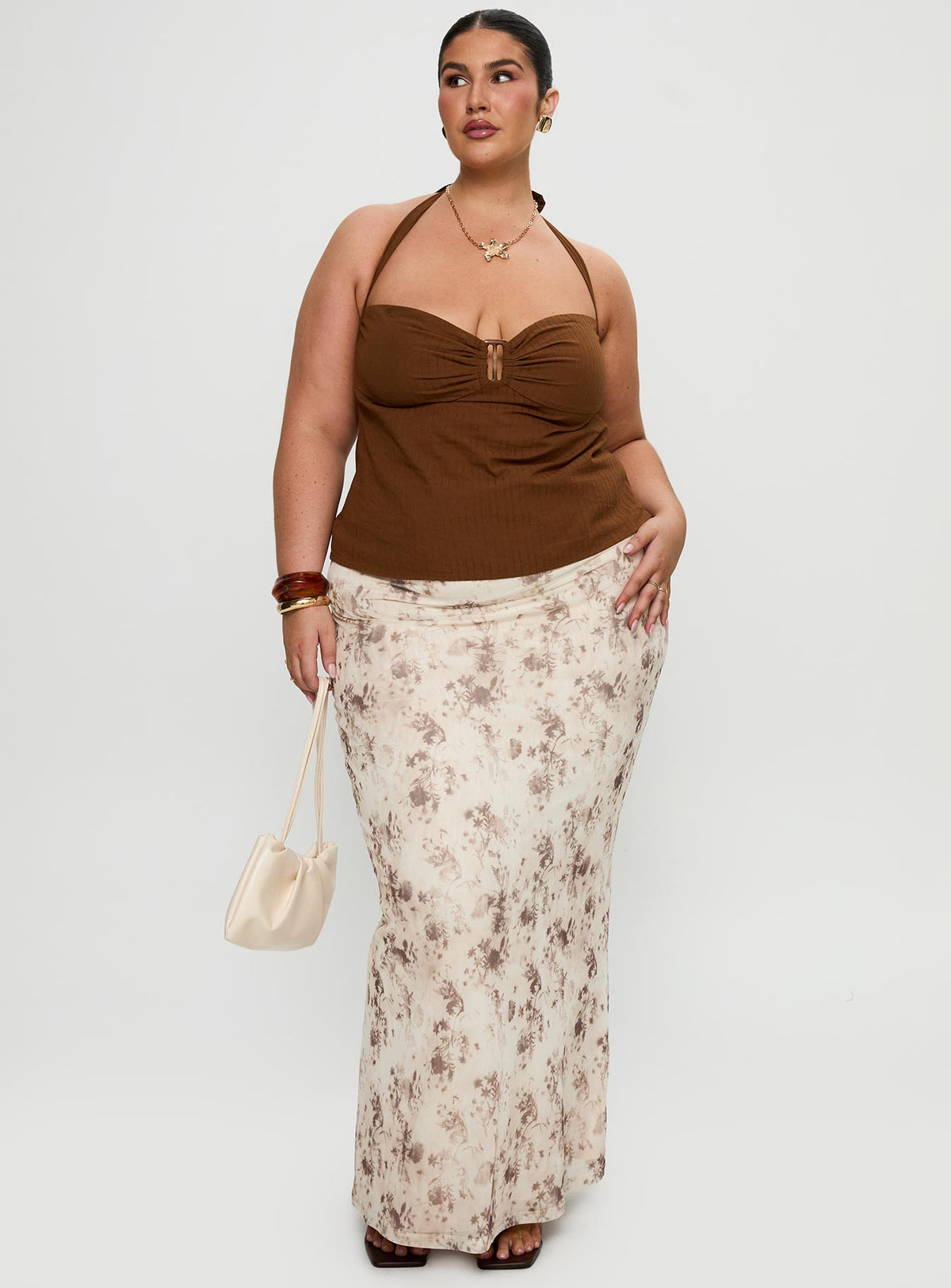 front view of model wearing Princess Polly Isabetta Halter Top Chocolate Curve Sleeveless Sweetheart 