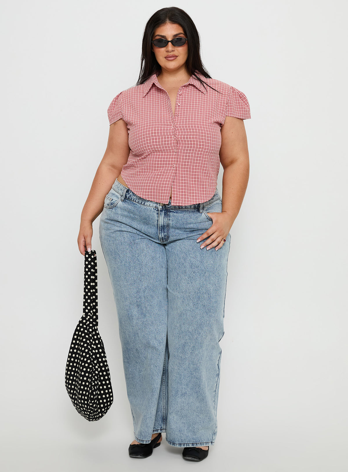 Float Away Button Up Top Red Check Curve