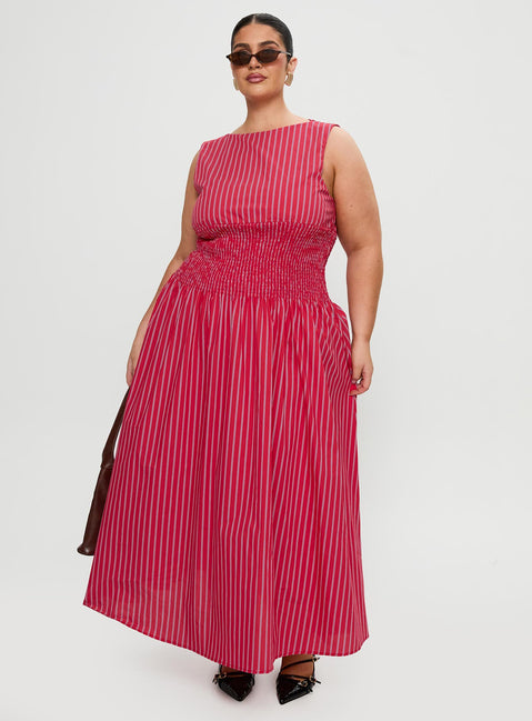 back view of model wearing Princess Polly Lilienne Cotton Poplin Maxi Dress Red Stripe Curve Crew Neck 