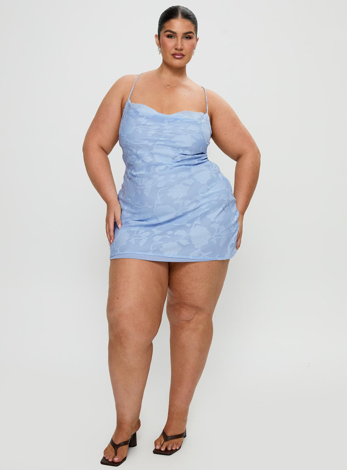 front view of model wearing Princess Polly Celena Mini Dress Light Blue Burnout Curve Cowl Neck 