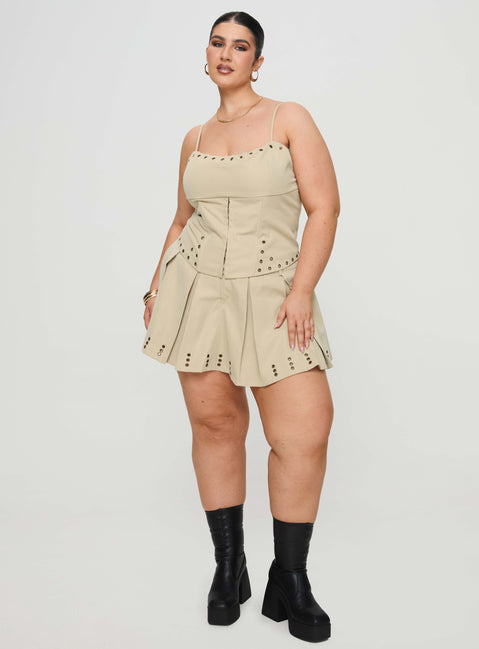 back view of model wearing Princess Polly Alinzia Eyelet Corset Top Beige Curve Sleeveless Square Neck 