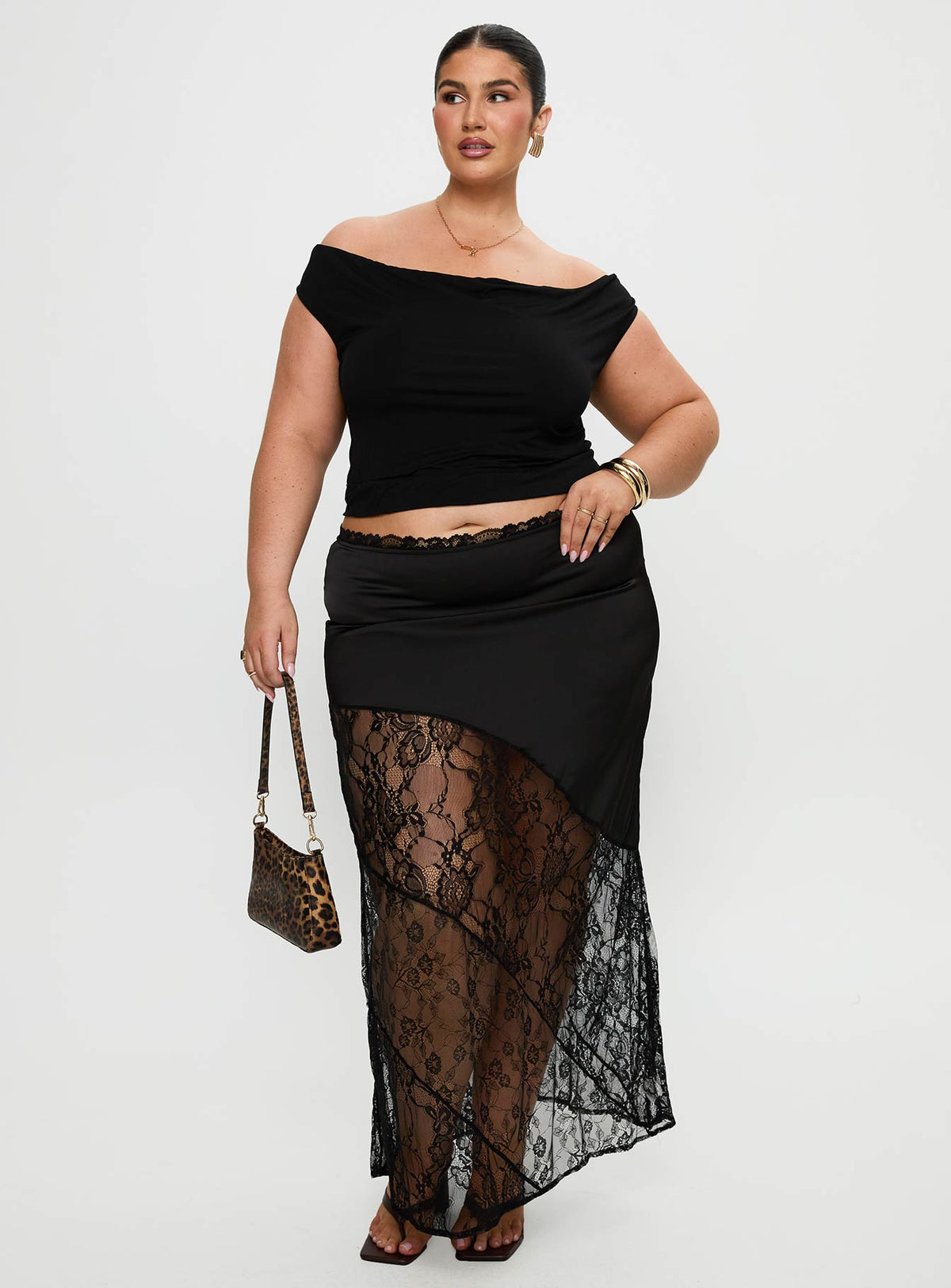 front view of model wearing Princess Polly Irina Multi-wear Top Black Curve Short Sleeves straight 