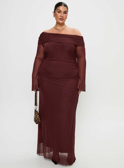 front view of model wearing Princess Polly Consideration Maxi Dress Chocolate Curve Straight Neck 