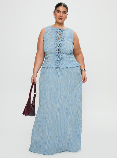 side view of model wearing Princess Polly Songbird Shirred Maxi Dress Blue Curve Crew Neck 