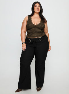front view of model wearing Princess Polly Twinflame Low Rise Hardware Pants Black Curve Mid Rise Pants Pants 