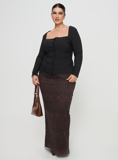 back view of model wearing Princess Polly Gaskin Long Sleeve Top Black Curve Full Sleeves Square Neck 