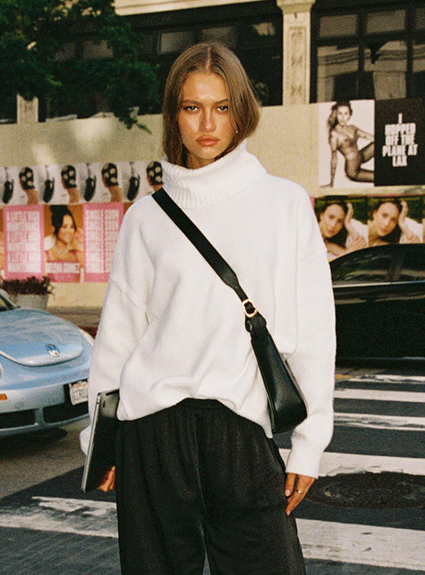 back view of model wearing Princess Polly Oswin Turtleneck Sweater White Longline Jumpers Jumpers 