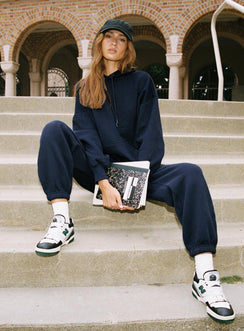 front view of model wearing Princess Polly Dream Fleece Ankle Cuff Sweatpants Navy High Rise Pants Pants 