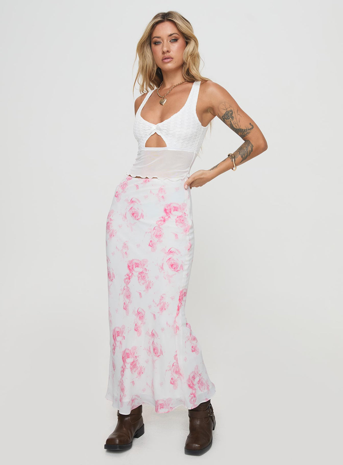 front view of model wearing Princess Polly Marcellus Top White Sleeveless Plunger 