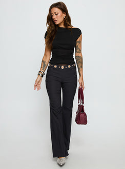 back view of model wearing Princess Polly True Grit Eyelet Flare Pants Grey Mid Rise Pants Pants 