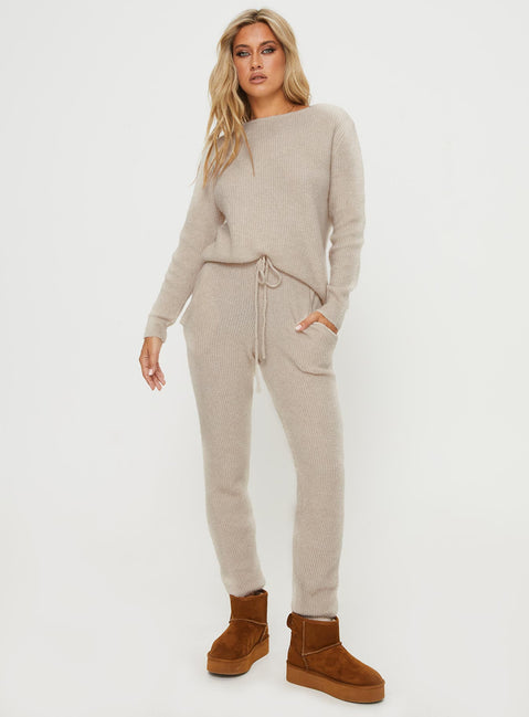 front view of model wearing Princess Polly Abrams Rib Knit Pant Beige High Rise Pants Pants 