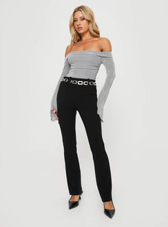 front view of model wearing Princess Polly Tullo Off The Shoulder Bodysuit Grey Long Sleeve Tops Bodysuit 