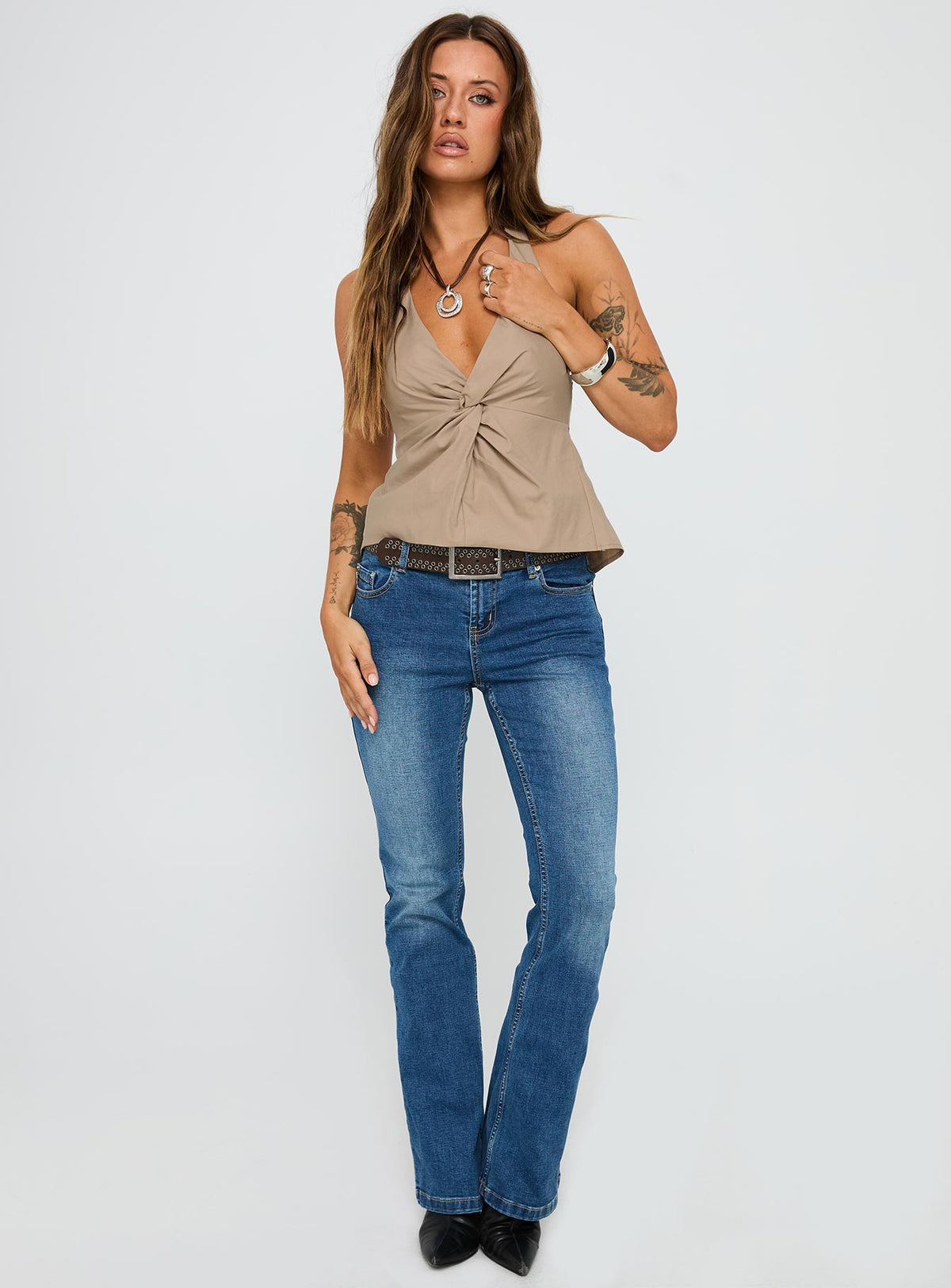 front view of model wearing Princess Polly Millbank Top Taupe Sleeveless Plunger 