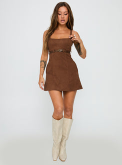 front view of model wearing Princess Polly Way Back In Faux Suede Mini Dress Brown Square Neck 