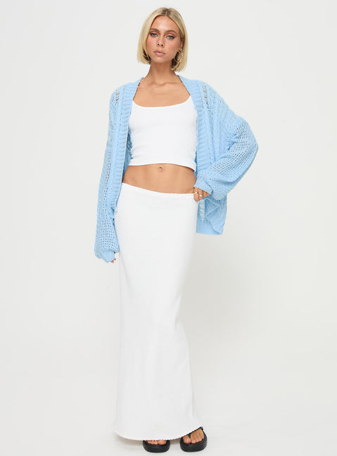 front view of model wearing Princess Polly Abner Cable Cardigan Blue regular Jumpers 