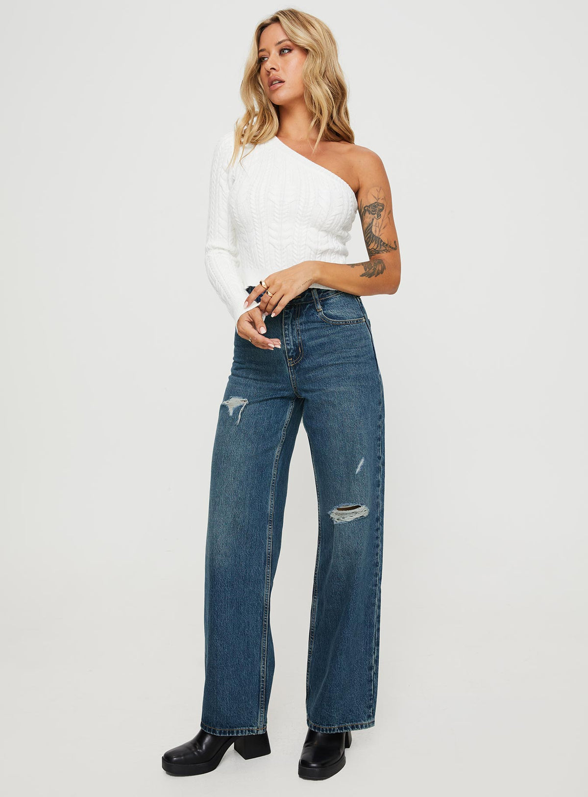 front view of model wearing Princess Polly Beetle High Rise Wide Leg Ripped Jeans Mid Wash Mid Rise Jeans Jeans 