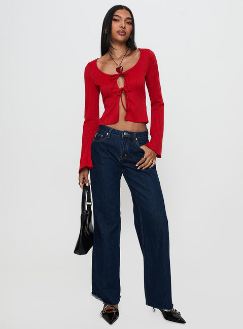 front view of model wearing Princess Polly Rowynne Long Sleeve Tie Up Top Red Full Sleeves Scoop Neck 