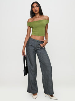 front view of model wearing Princess Polly Broadcast Pants Grey Pinstripe Low Rise Pants Pants 