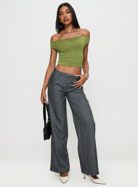 front view of model wearing Princess Polly Broadcast Pants Grey Pinstripe Low Rise Pants Pants 